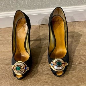 GUISEPPE ZANOTTI 7.5 4” BLK SATIN HEELS W BROACH